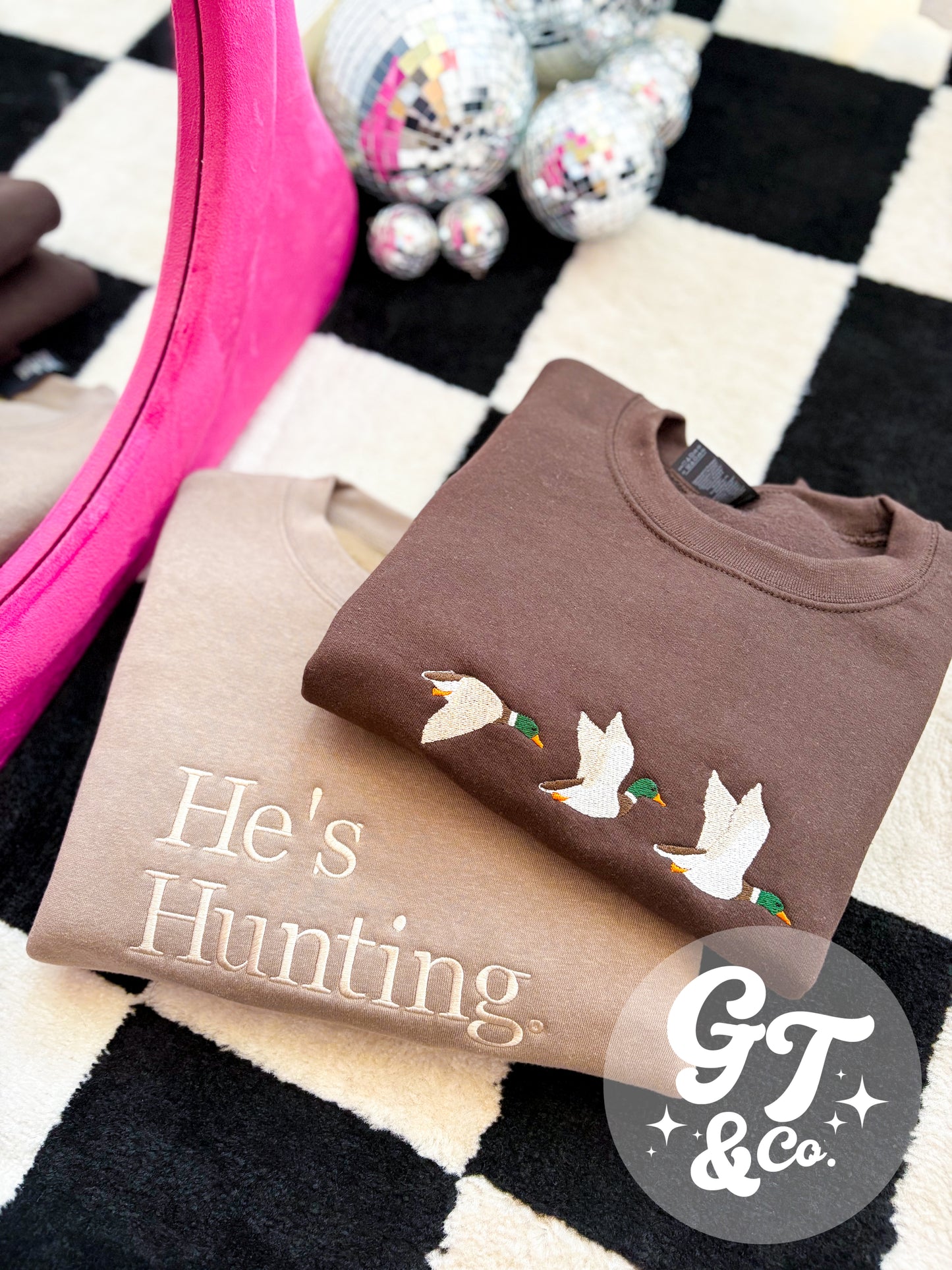 He's Hunting Embroidered Crewneck