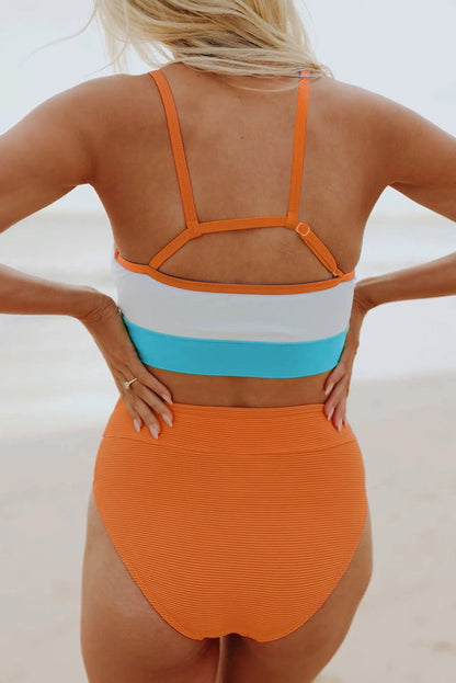 Orange Color Block High Waist Swimsuit Set