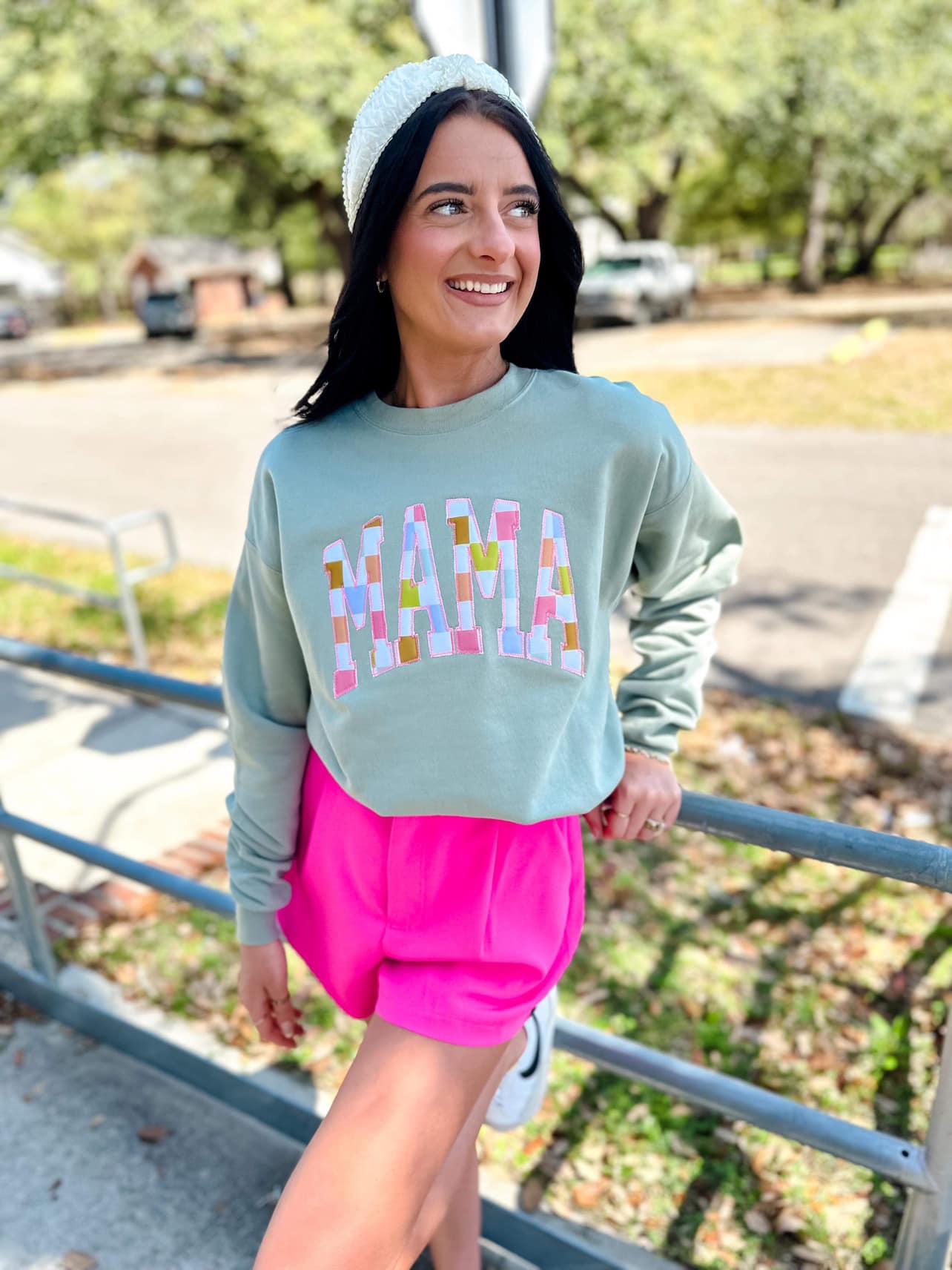 Mama Pastel Checkered Applique Crewneck