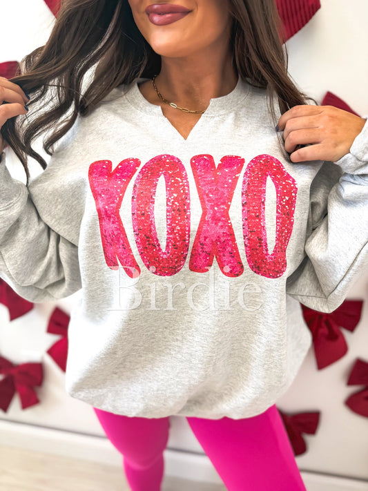 Split Neck Faux Sequin XOXO Crewneck