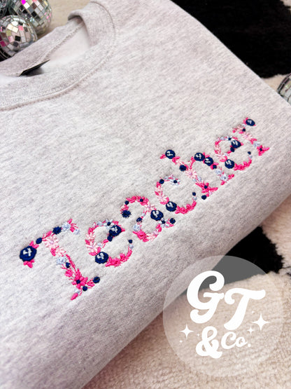 Floral Embroidered Teacher Crewneck