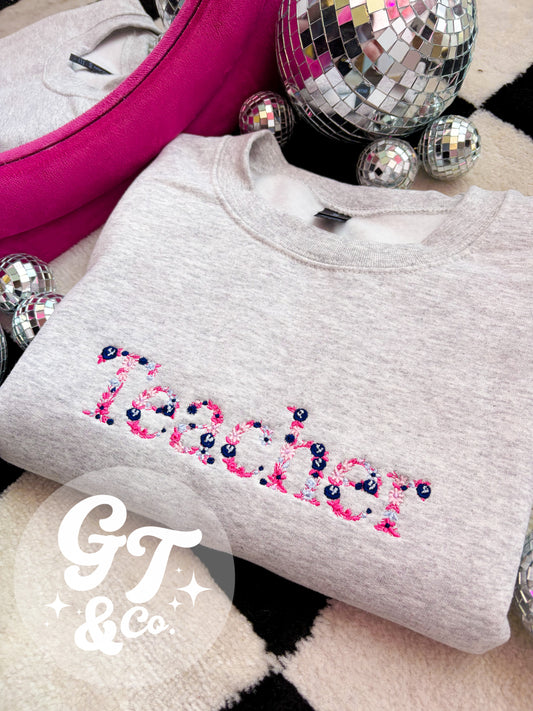 Floral Embroidered Teacher Crewneck