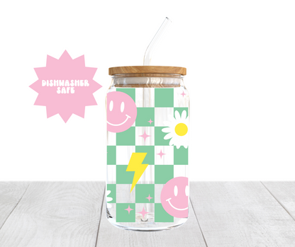Checkered Happy Face 16oz Glass Can Cup *DISHWASHER SAFE*