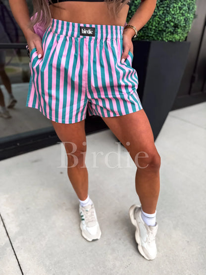 BIRDIE Pink & Green Striped Boxer Shorts