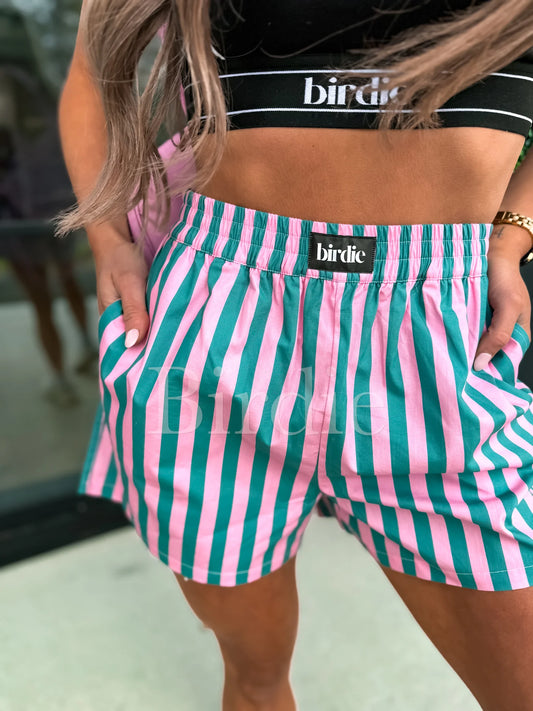 BIRDIE Pink & Green Striped Boxer Shorts