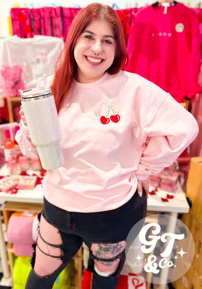 Glitter Coquette Cherry Heart Embroidered Crewneck *READY TO SHIP*