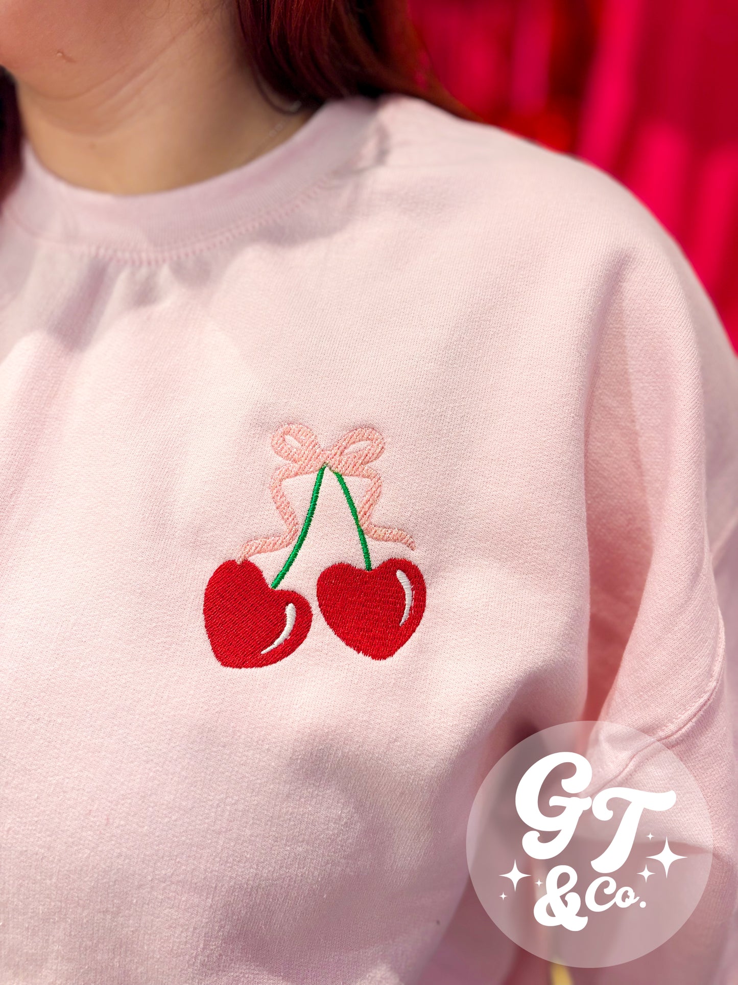 Glitter Coquette Cherry Heart Embroidered Crewneck *READY TO SHIP*