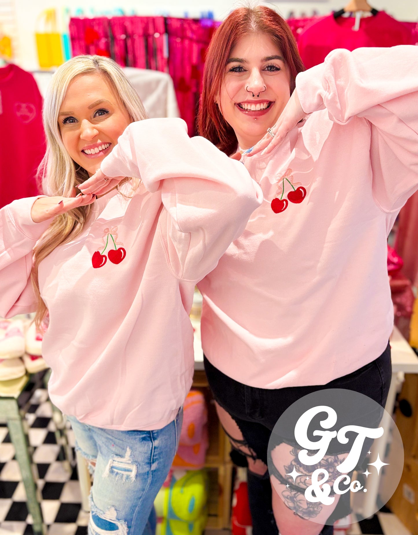 Glitter Coquette Cherry Heart Embroidered Crewneck *READY TO SHIP*