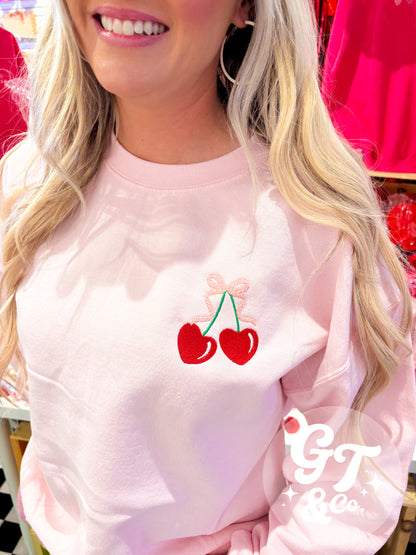 Glitter Coquette Cherry Heart Embroidered Crewneck *READY TO SHIP*