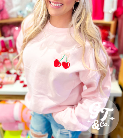 Glitter Coquette Cherry Heart Embroidered Crewneck *READY TO SHIP*