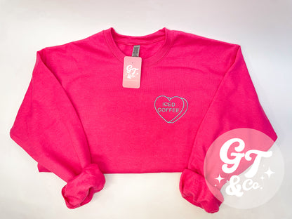 Iced Coffee Candy Heart Embroidered Crewneck