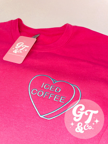 Iced Coffee Candy Heart Embroidered Crewneck