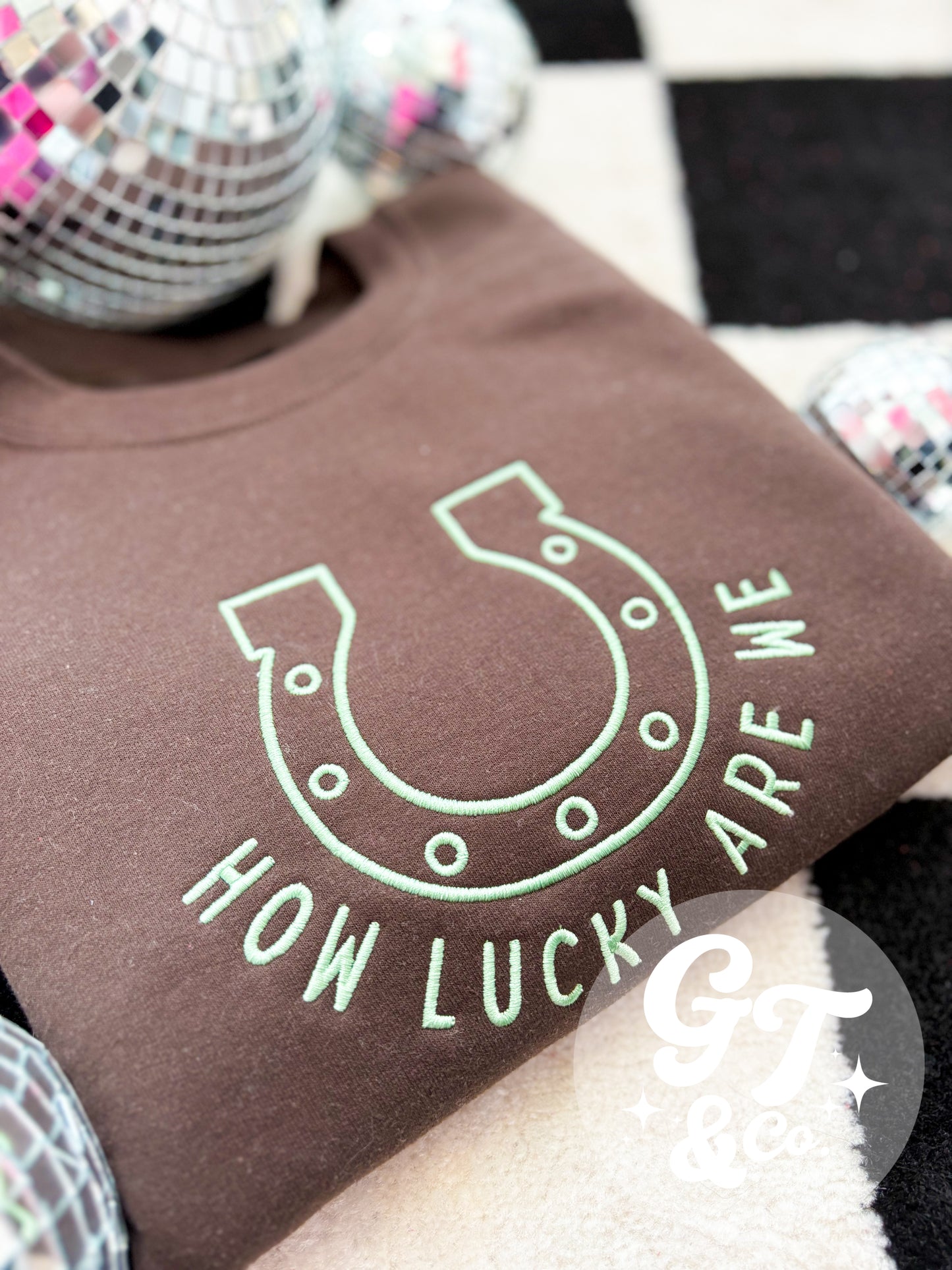 How Lucky Are We Embroidered Crewneck