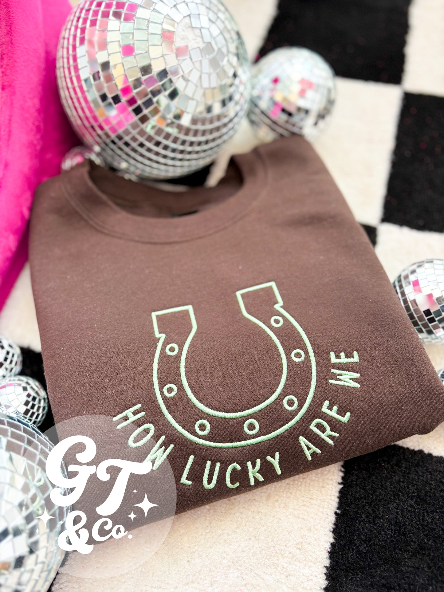 How Lucky Are We Embroidered Crewneck