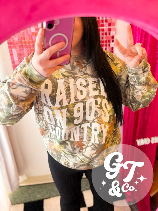 Raised On 90's Country Camo Crewneck