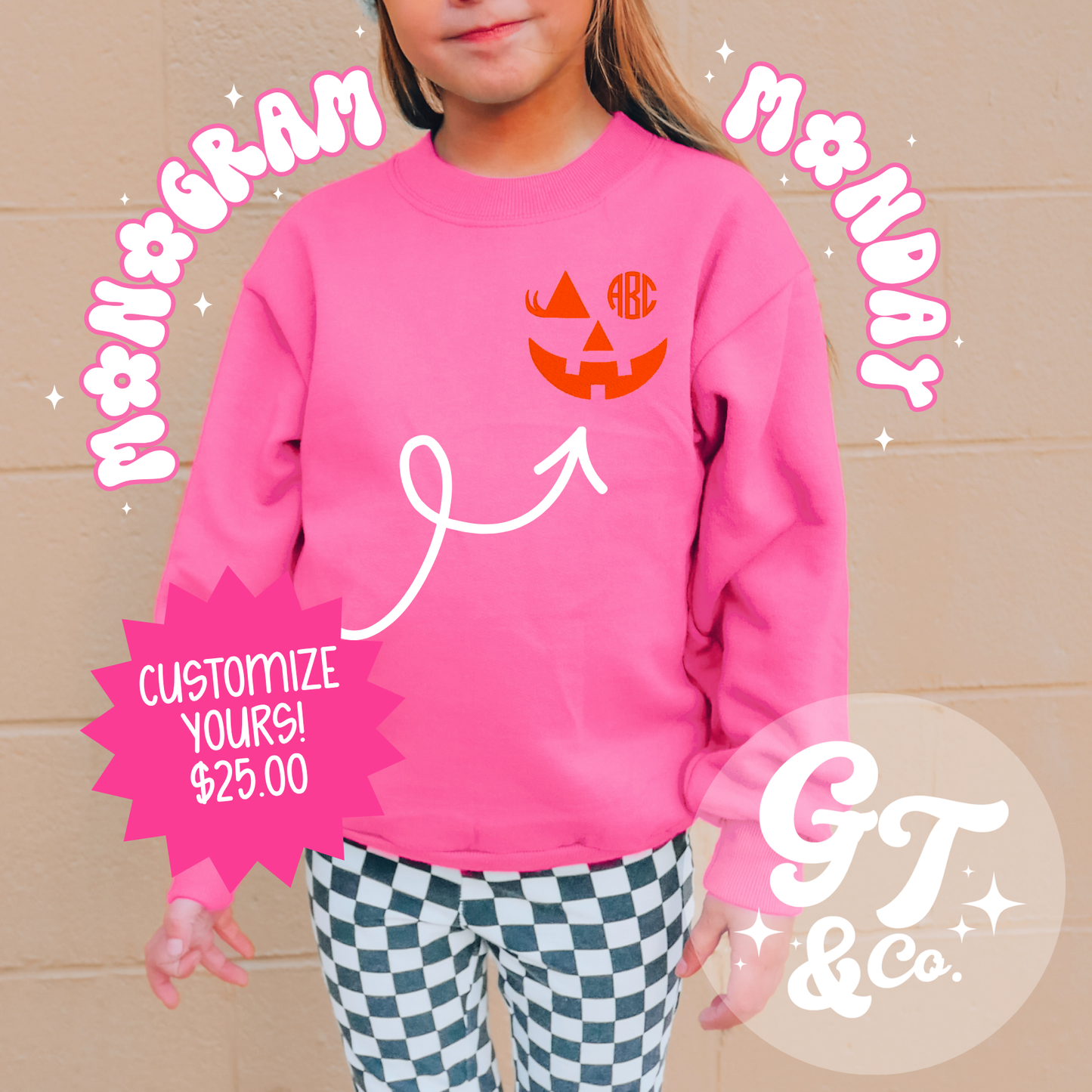 YOUTH Halloween Monogram Embroidered Crewneck | Personalized Pumpkin Sweatshirt