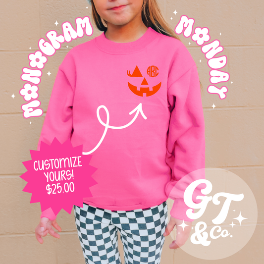 YOUTH Halloween Monogram Embroidered Crewneck | Personalized Pumpkin Sweatshirt