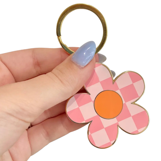 Pink Checkered Flower Metal Keychain