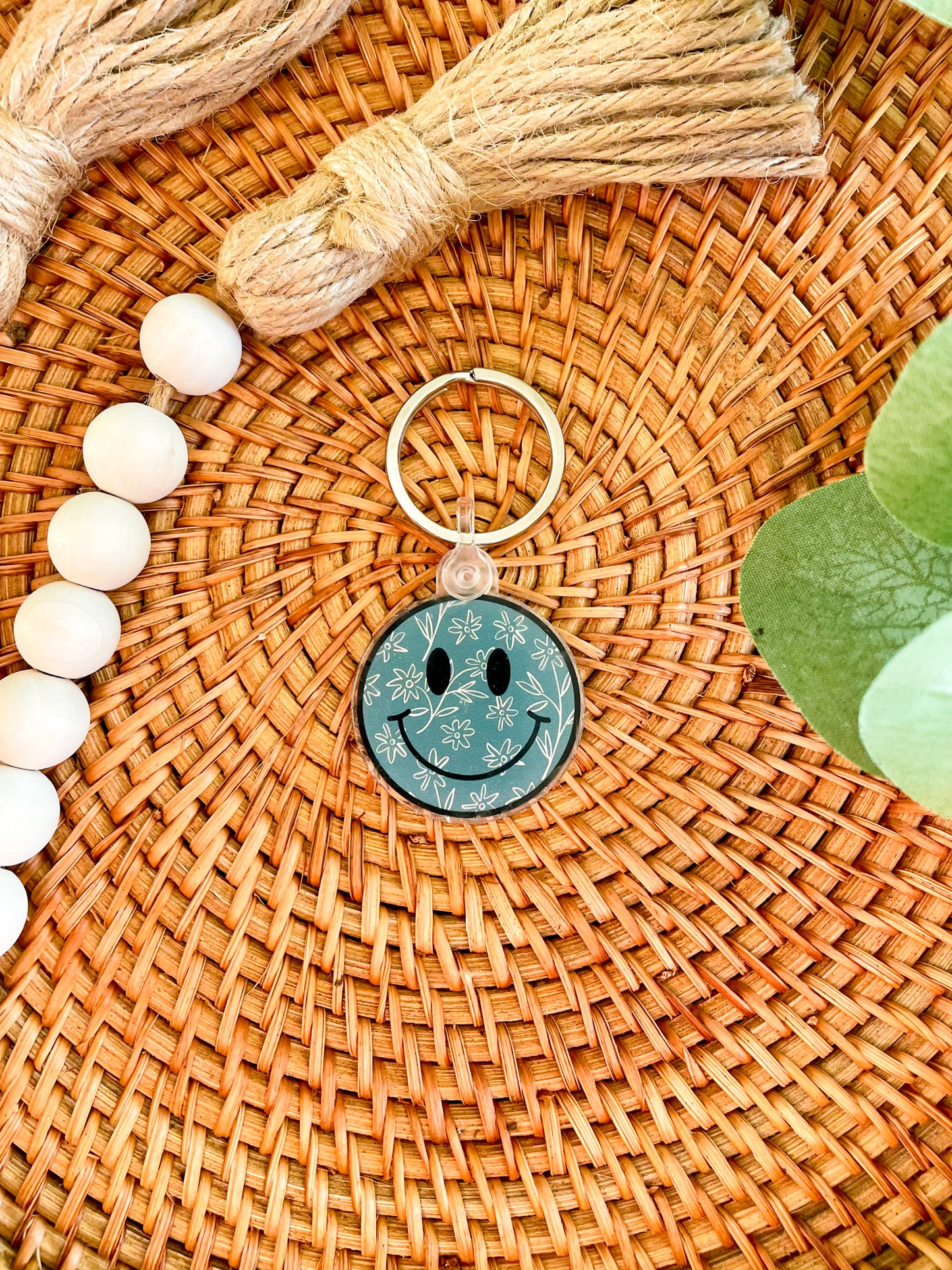 Olive Green Floral Happy Face Keychain