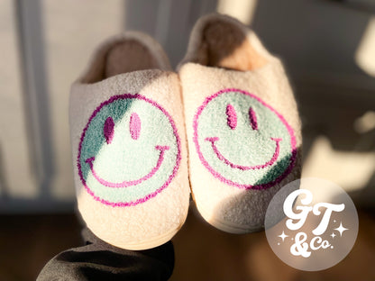 Teal Happy Face Slippers