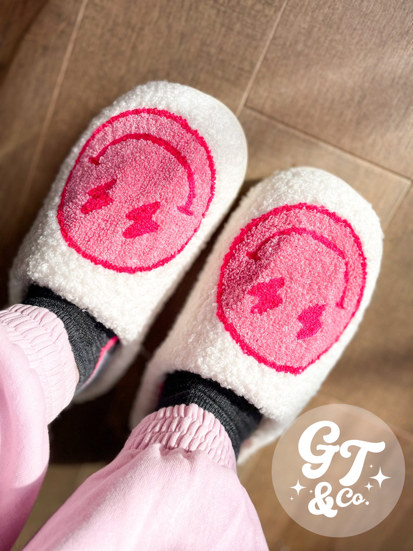 Pink Lightning Happy Face Slippers